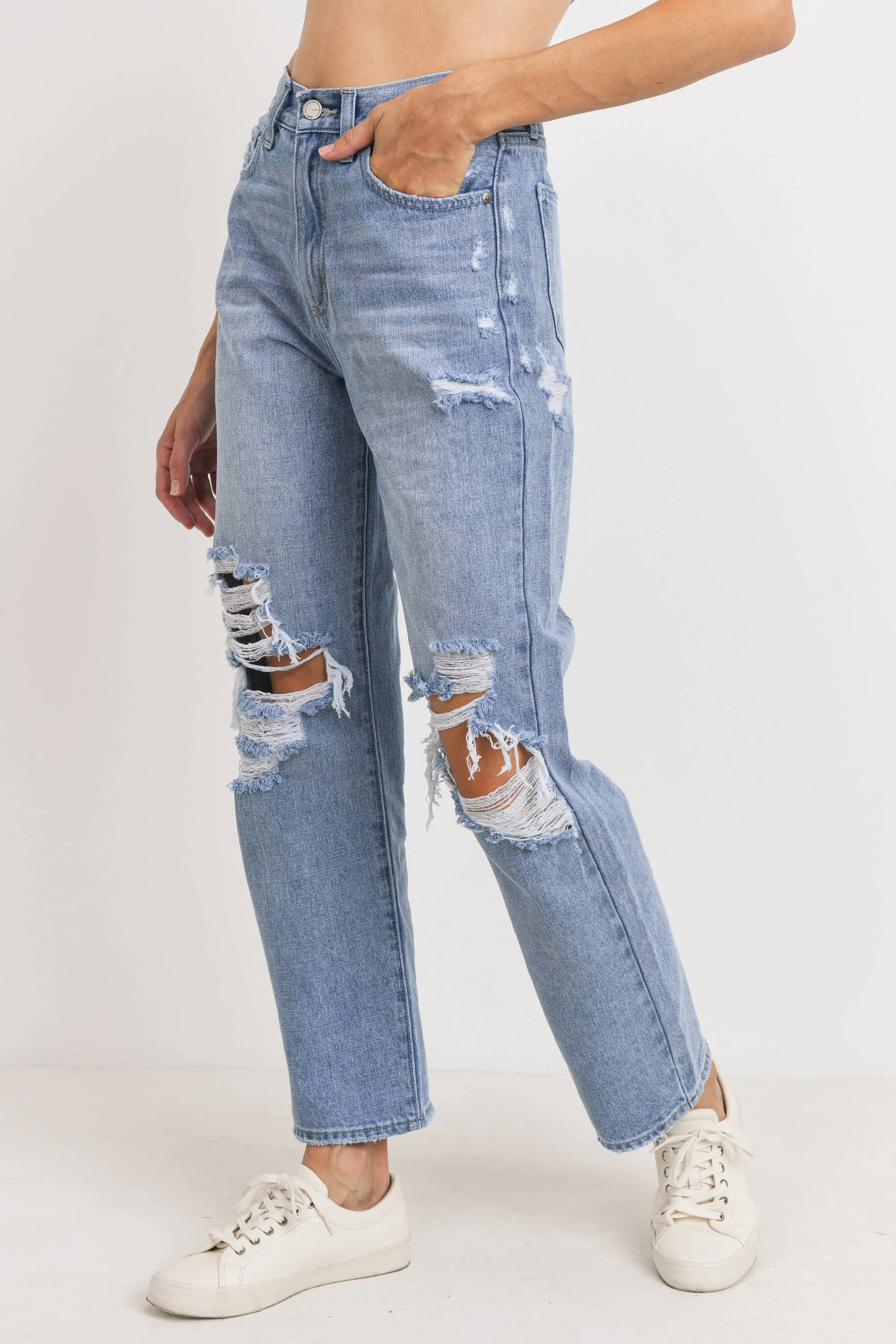 High Rise Distressed Dad Jean