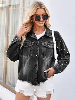 Jade Pearl Trim Raw Hem Denim Jacket