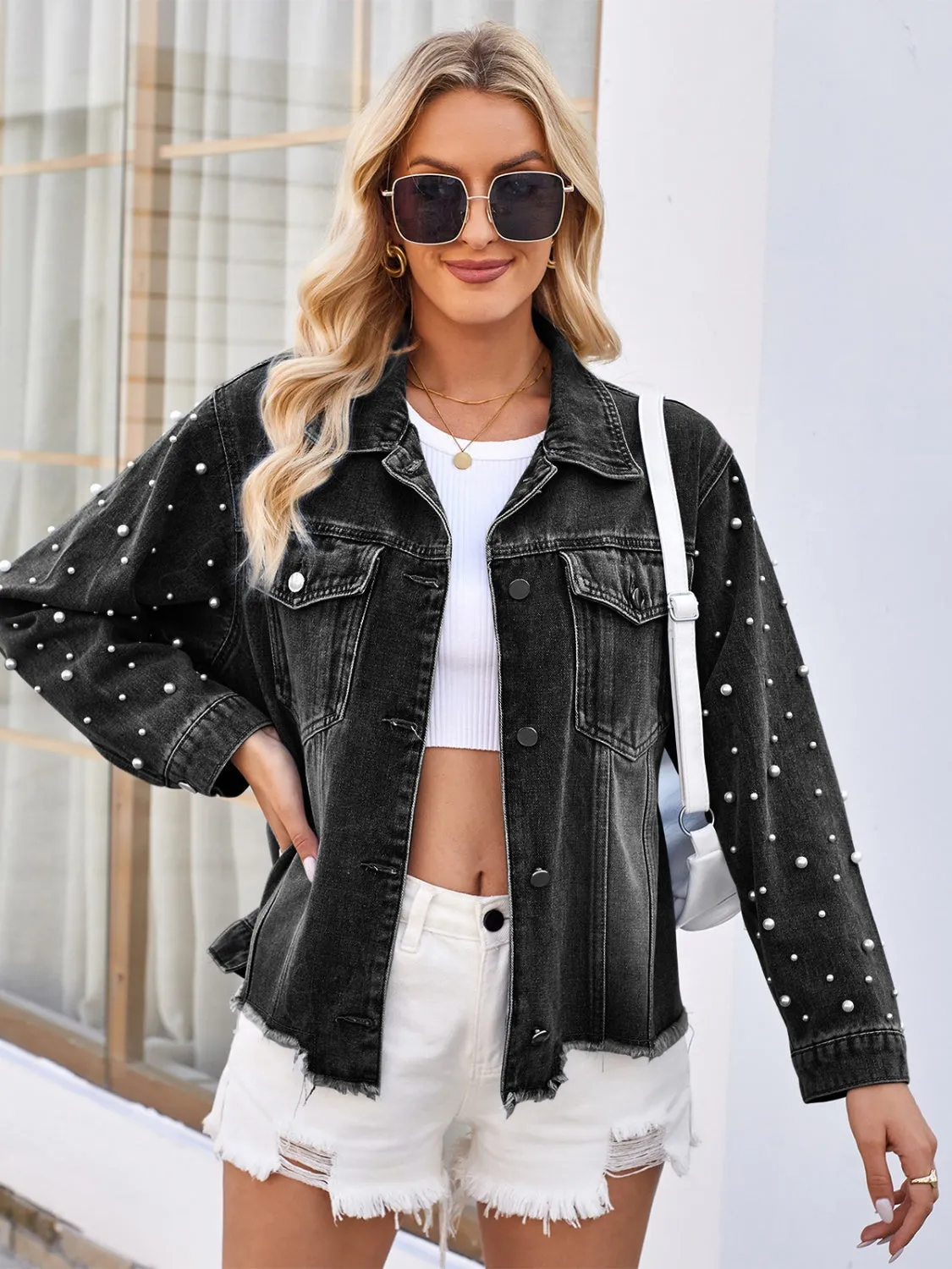 Jade Pearl Trim Raw Hem Denim Jacket
