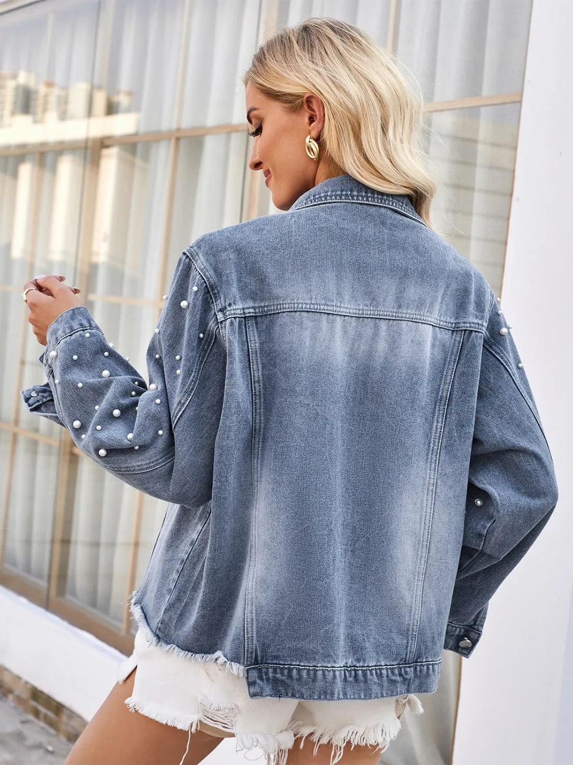 Jade Pearl Trim Raw Hem Denim Jacket