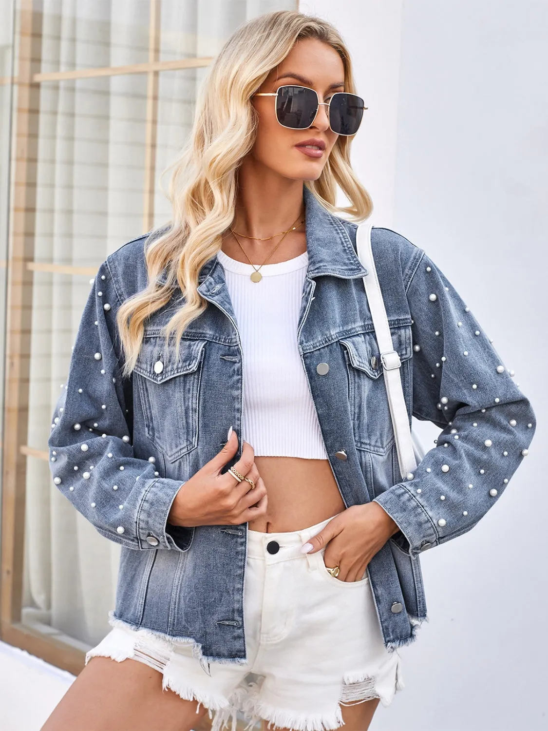 Jade Pearl Trim Raw Hem Denim Jacket