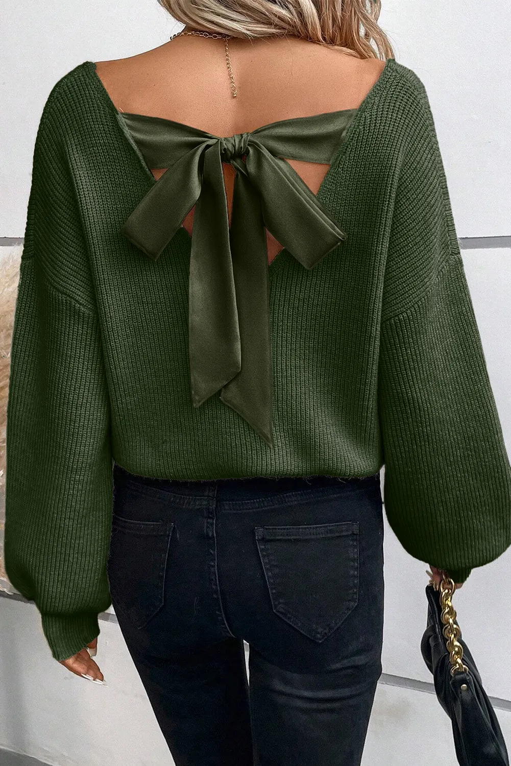 KaleaBoutique Lantern Sleeve V Neck Knot Back Sweater