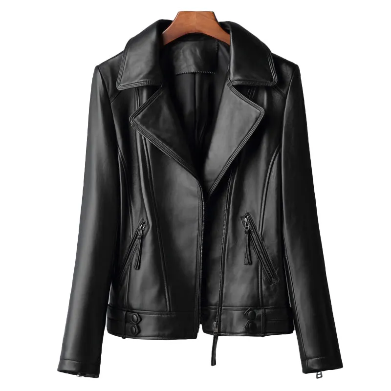 Lady Black Bomber Jacket Luxury Genuine Sheepskin Vegetable Tanned Leather Jacket Spring Autumn Biker Women Clothes CL4008