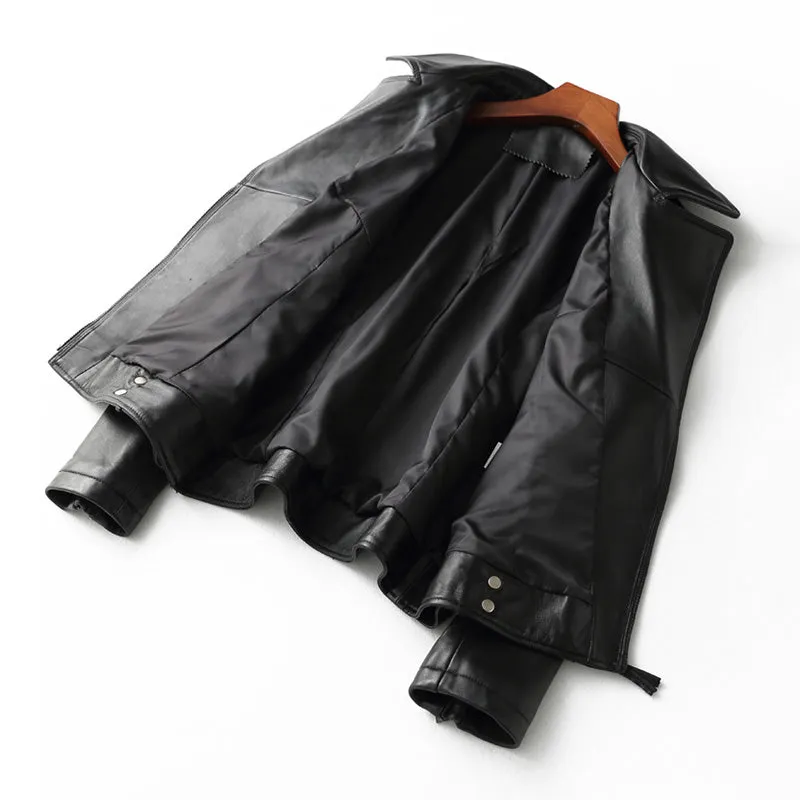 Lady Black Bomber Jacket Luxury Genuine Sheepskin Vegetable Tanned Leather Jacket Spring Autumn Biker Women Clothes CL4008
