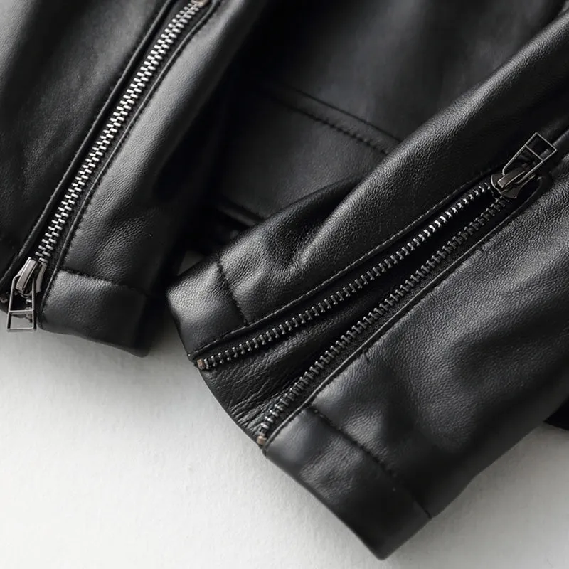 Lady Black Bomber Jacket Luxury Genuine Sheepskin Vegetable Tanned Leather Jacket Spring Autumn Biker Women Clothes CL4008