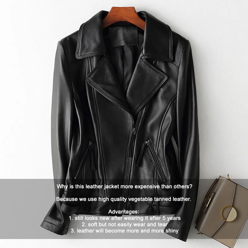 Lady Black Bomber Jacket Luxury Genuine Sheepskin Vegetable Tanned Leather Jacket Spring Autumn Biker Women Clothes CL4008