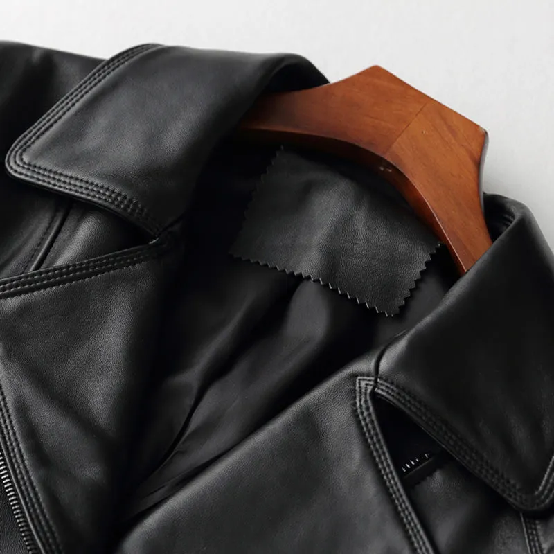 Lady Black Bomber Jacket Luxury Genuine Sheepskin Vegetable Tanned Leather Jacket Spring Autumn Biker Women Clothes CL4008