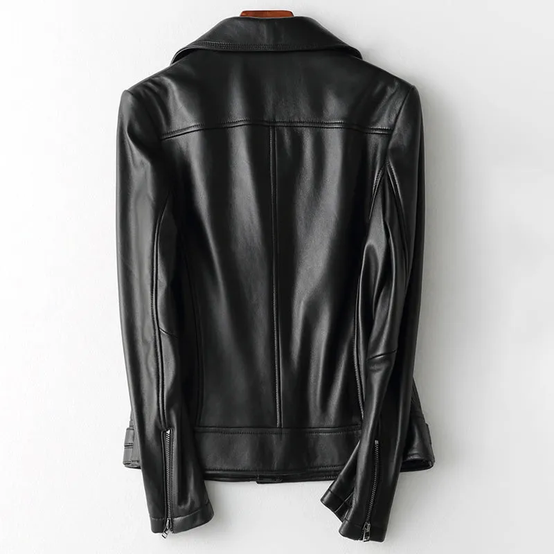 Lady Black Bomber Jacket Luxury Genuine Sheepskin Vegetable Tanned Leather Jacket Spring Autumn Biker Women Clothes CL4008