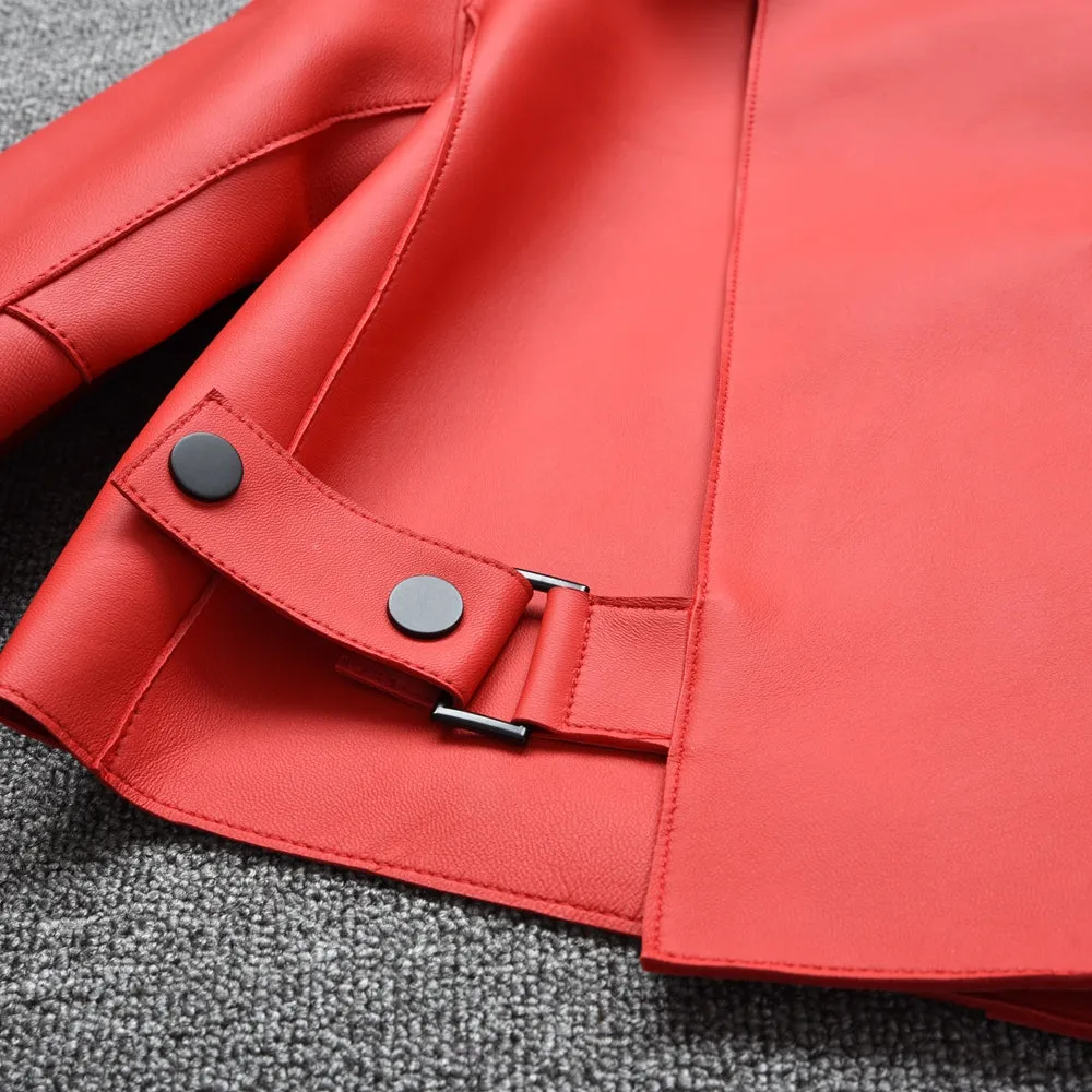 Lady Real Sheepskin Leather Jackets Genuine Leather Coat Red Jackets
