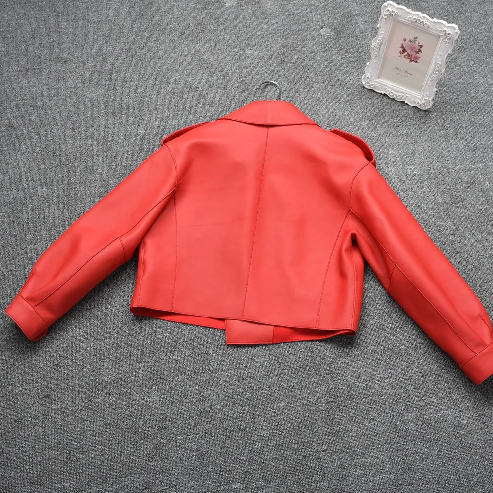 Lady Real Sheepskin Leather Jackets Genuine Leather Coat Red Jackets