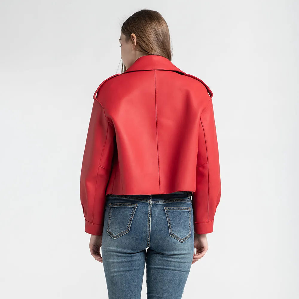 Lady Real Sheepskin Leather Jackets Genuine Leather Coat Red Jackets