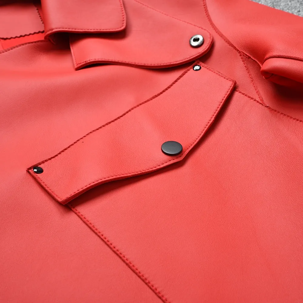 Lady Real Sheepskin Leather Jackets Genuine Leather Coat Red Jackets
