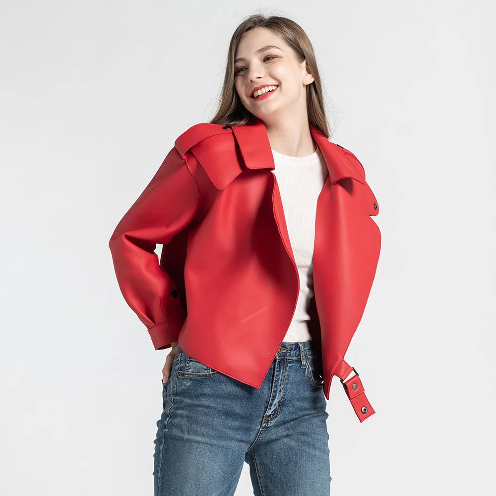 Lady Real Sheepskin Leather Jackets Genuine Leather Coat Red Jackets