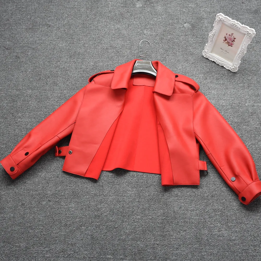 Lady Real Sheepskin Leather Jackets Genuine Leather Coat Red Jackets