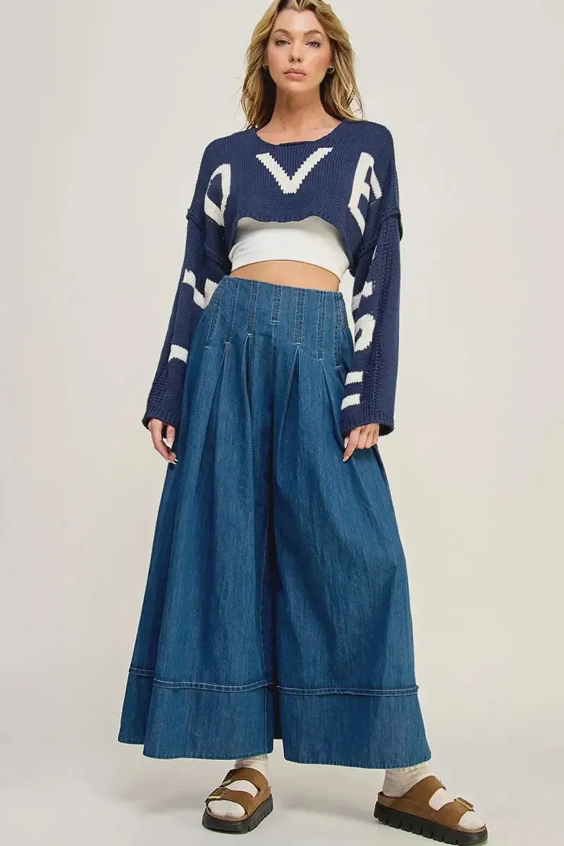 LONG DENIM A LINE FLARED WIDE LEG PANTS