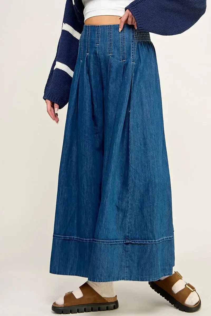 LONG DENIM A LINE FLARED WIDE LEG PANTS