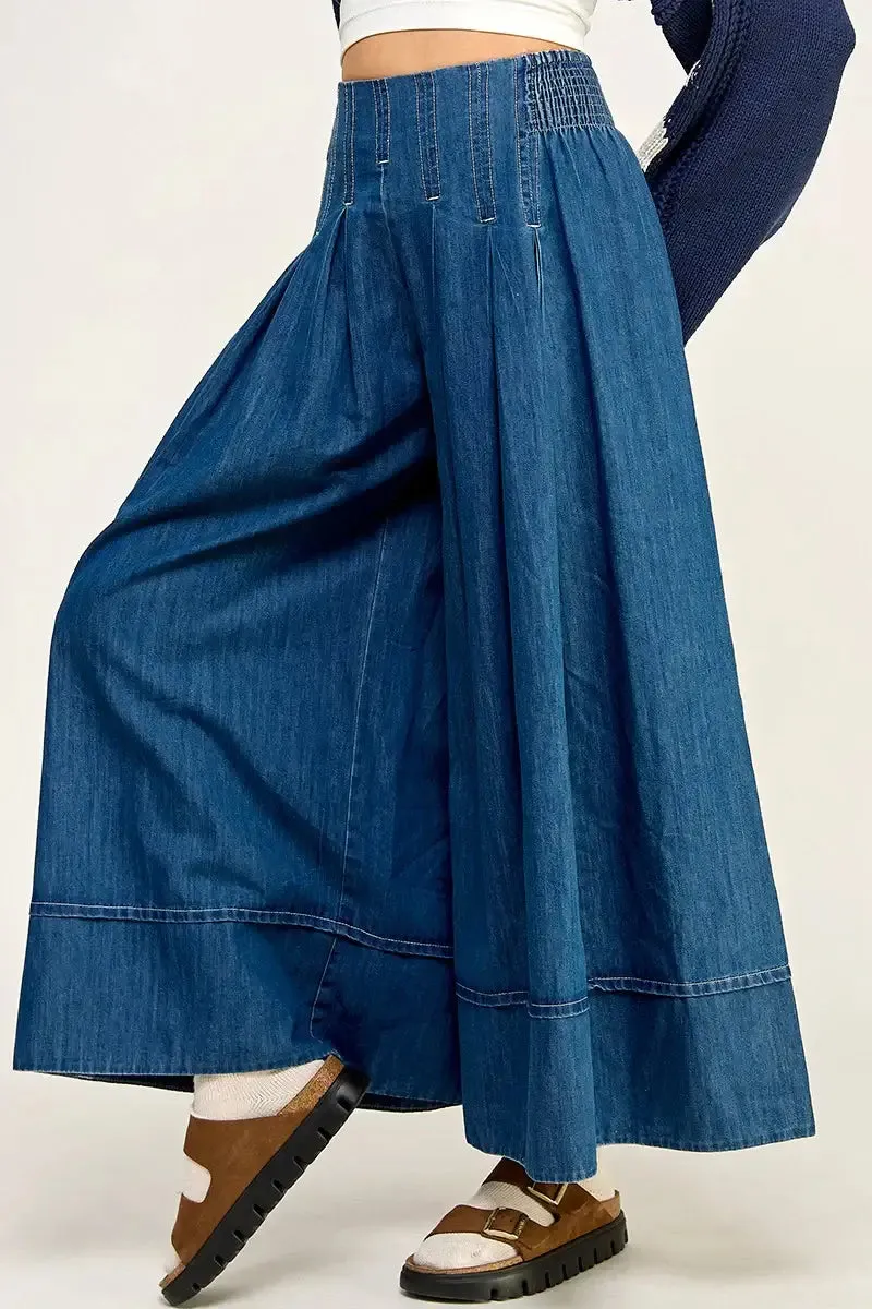 LONG DENIM A LINE FLARED WIDE LEG PANTS