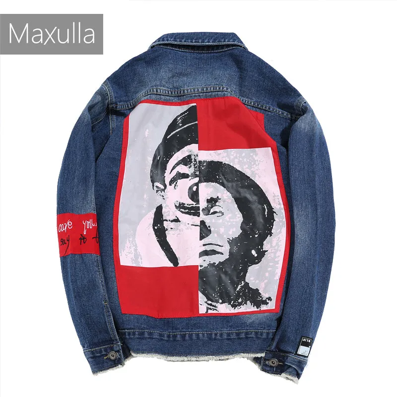 Maxulla denim jackets men Spring the Joker printed denim coat streetwear stylish Hip Hop denim jacket street wear men Mla013