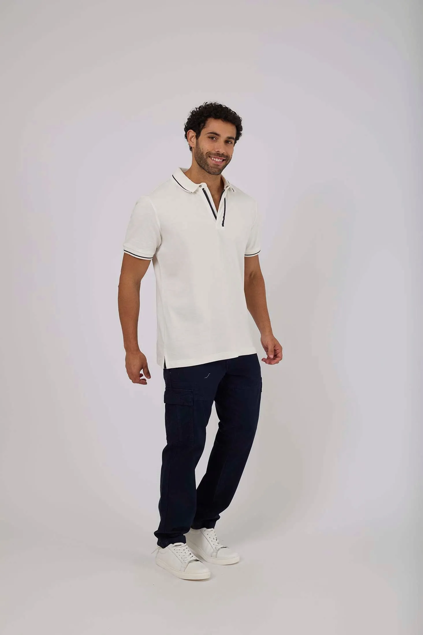 Men Polo Cotton Casual Striped Off White