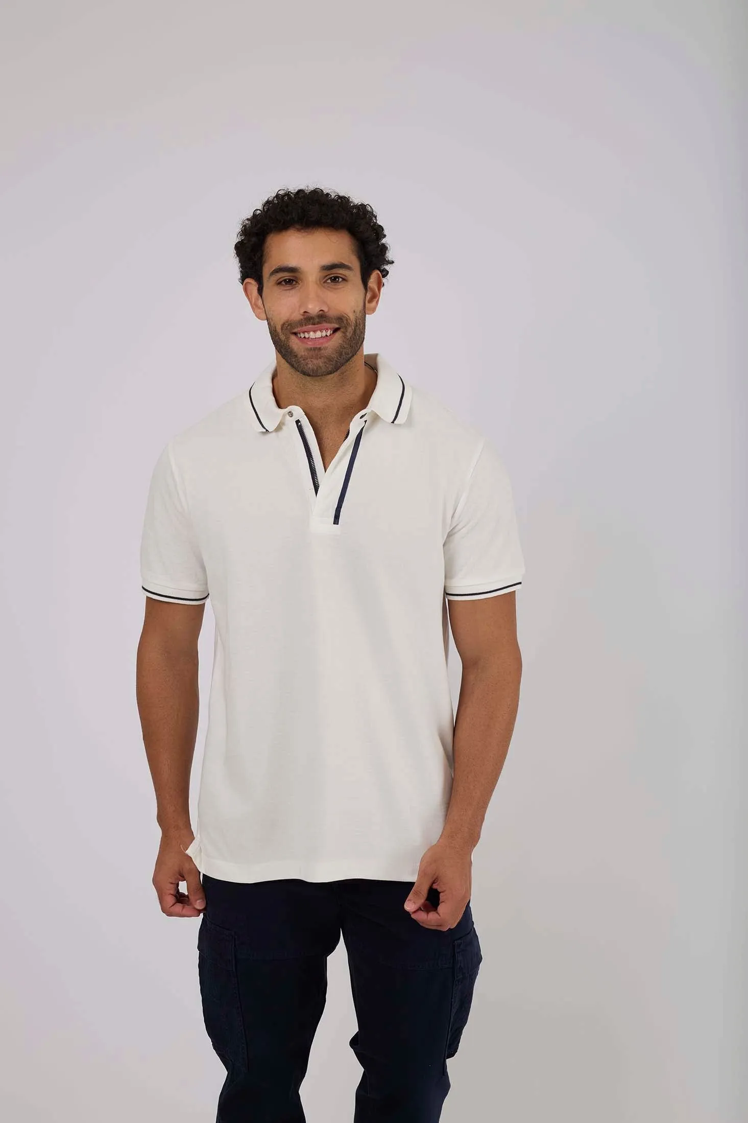 Men Polo Cotton Casual Striped Off White