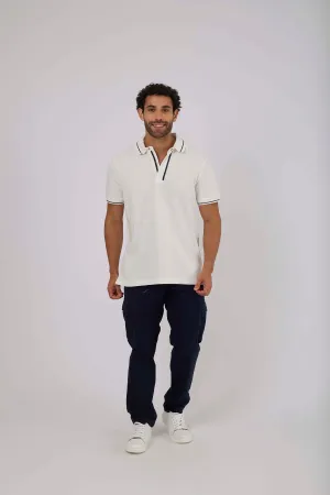 Men Polo Cotton Casual Striped Off White