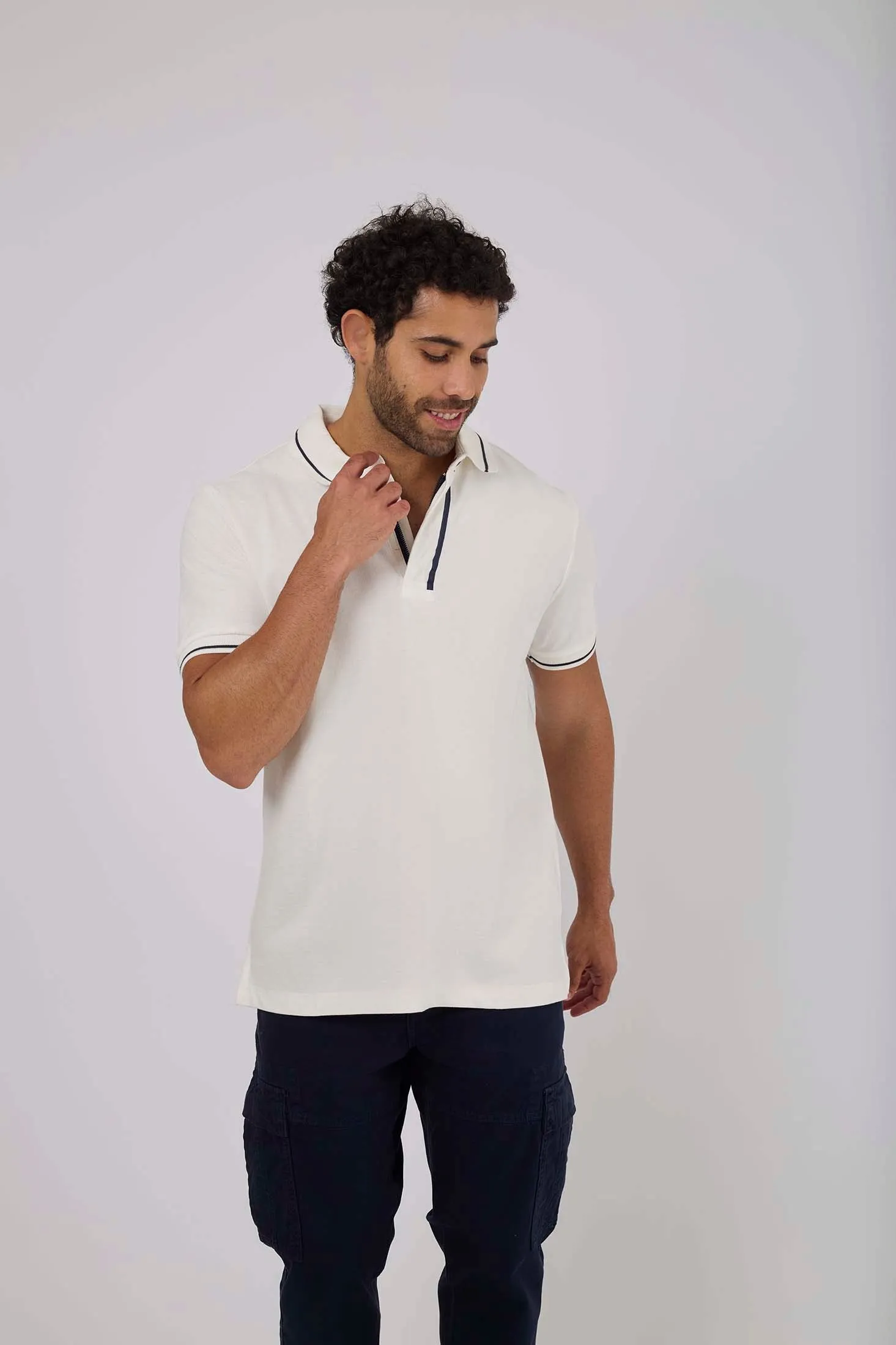 Men Polo Cotton Casual Striped Off White