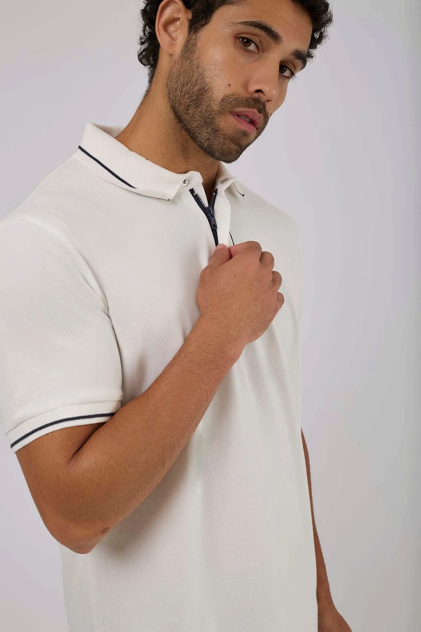 Men Polo Cotton Casual Striped Off White