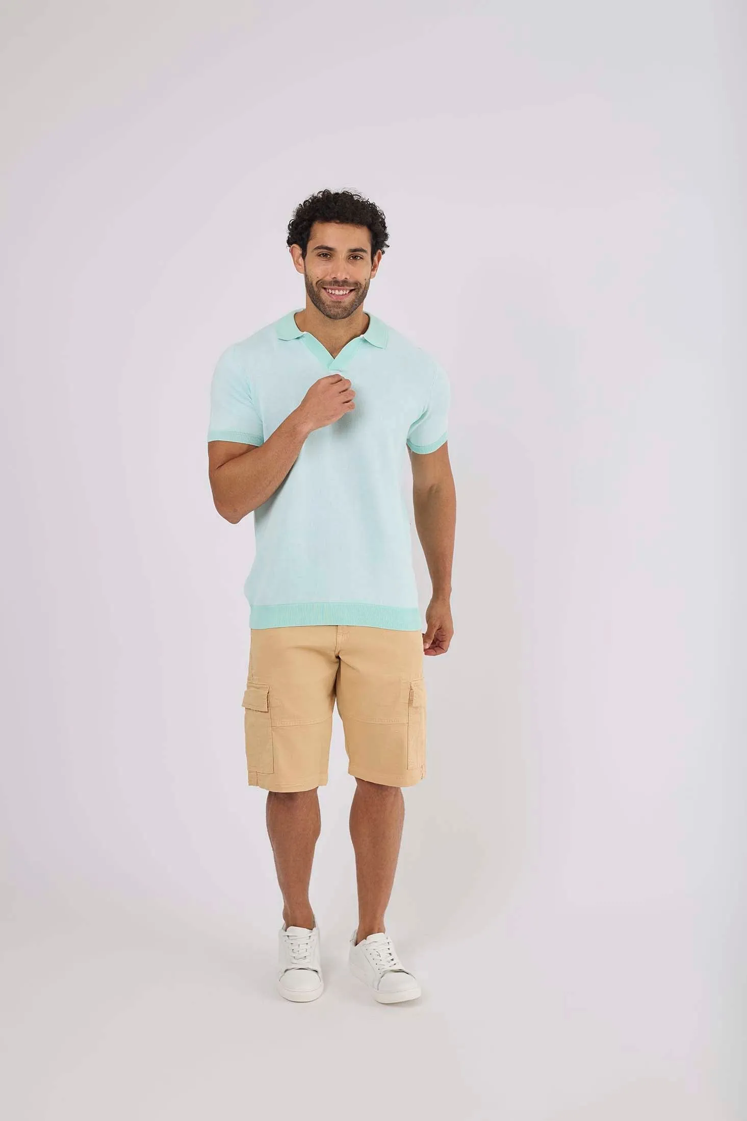 Men Polo Cotton Casual Striped Off White