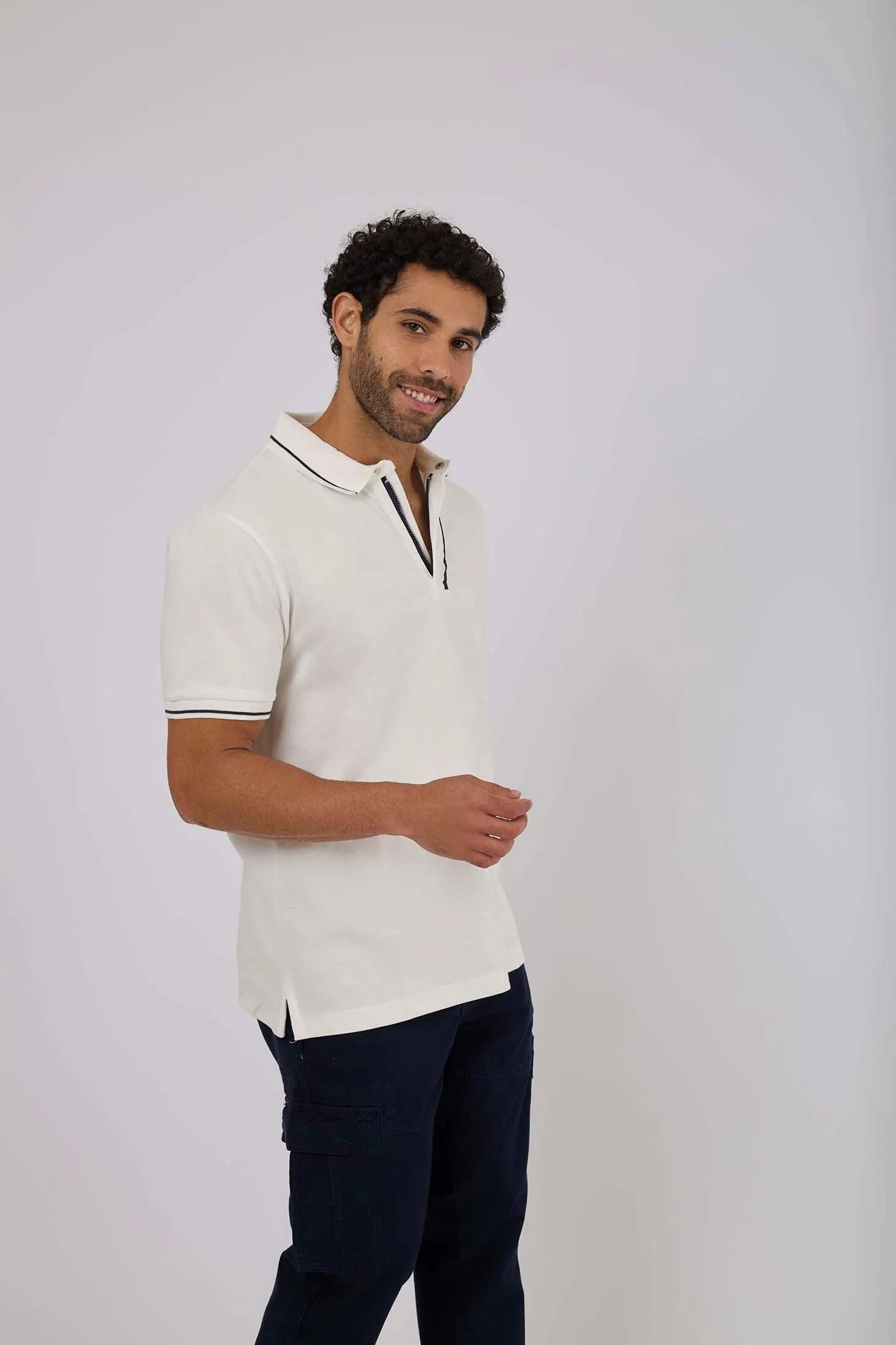 Men Polo Cotton Casual Striped Off White