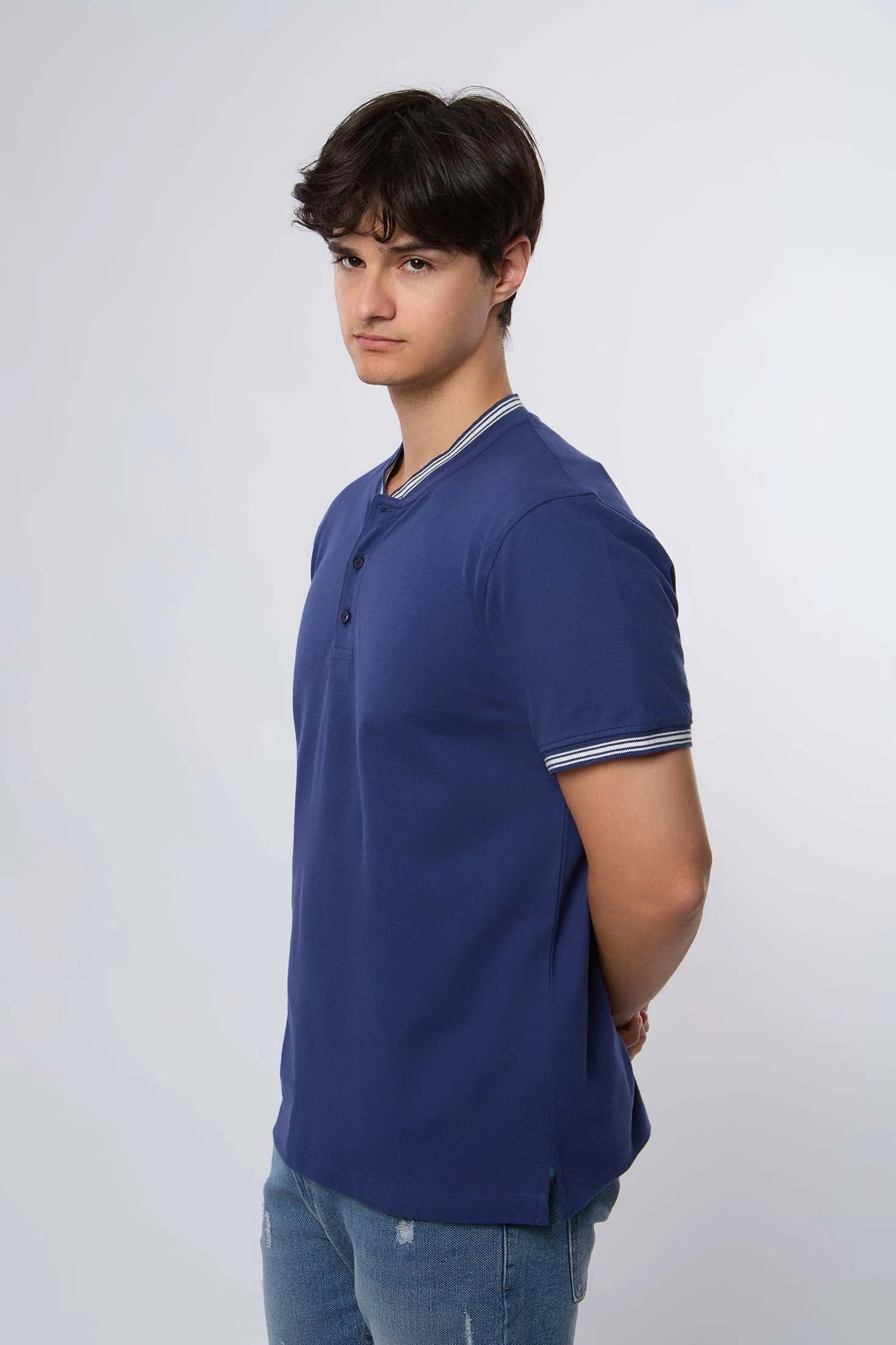 Men Polo Cotton Printed Regular Fit Navy