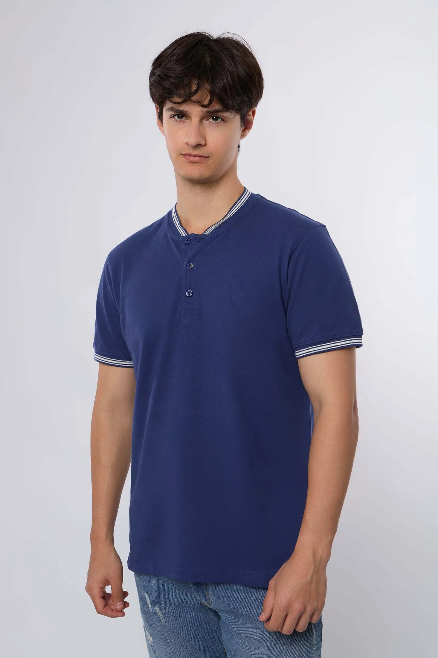 Men Polo Cotton Printed Regular Fit Navy