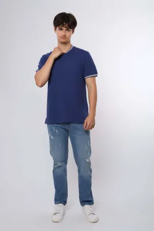 Men Polo Cotton Printed Regular Fit Navy