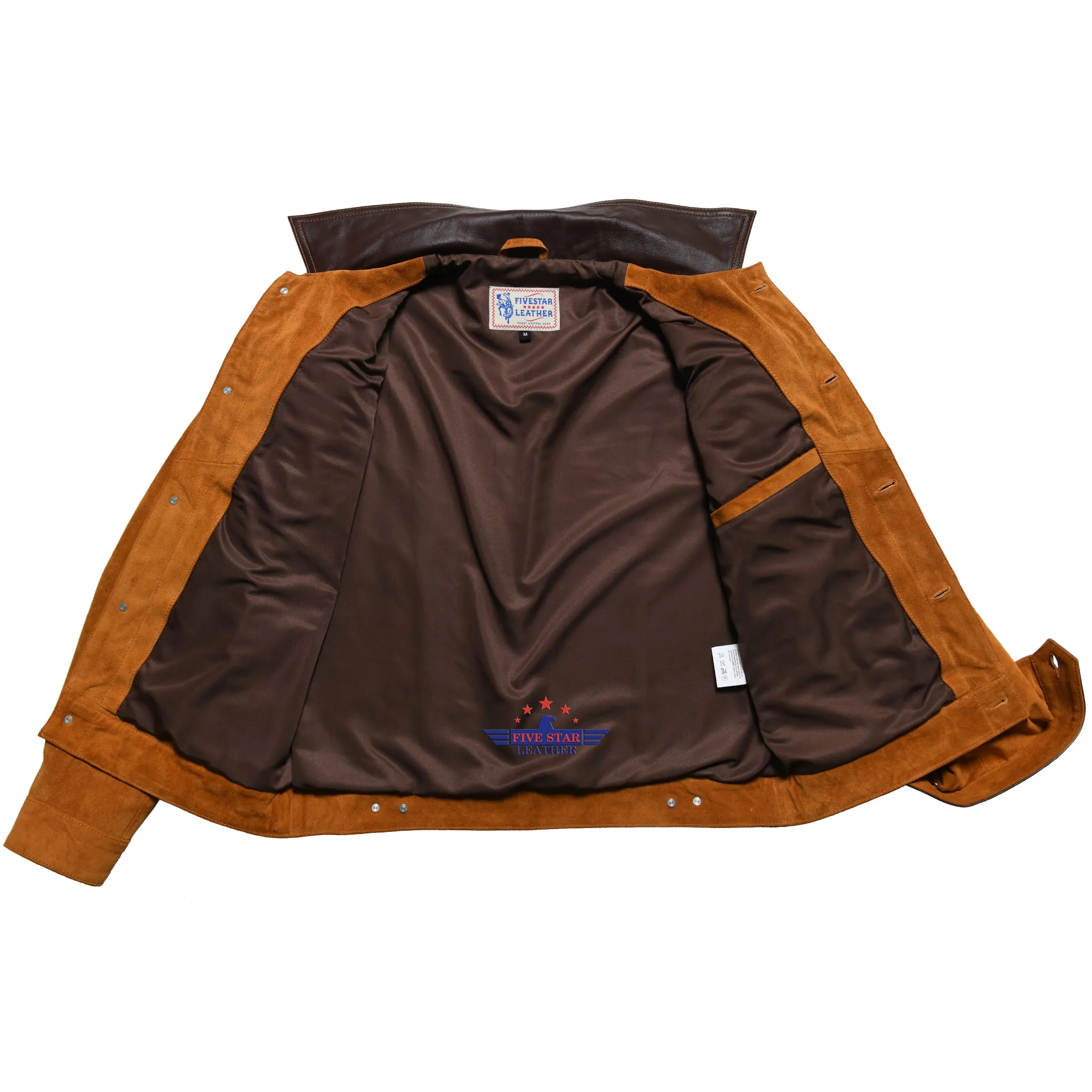 Men Trucker Tan Suede Classic Western Denim Pocket Embroider Style Leather Jacket Brown Collar