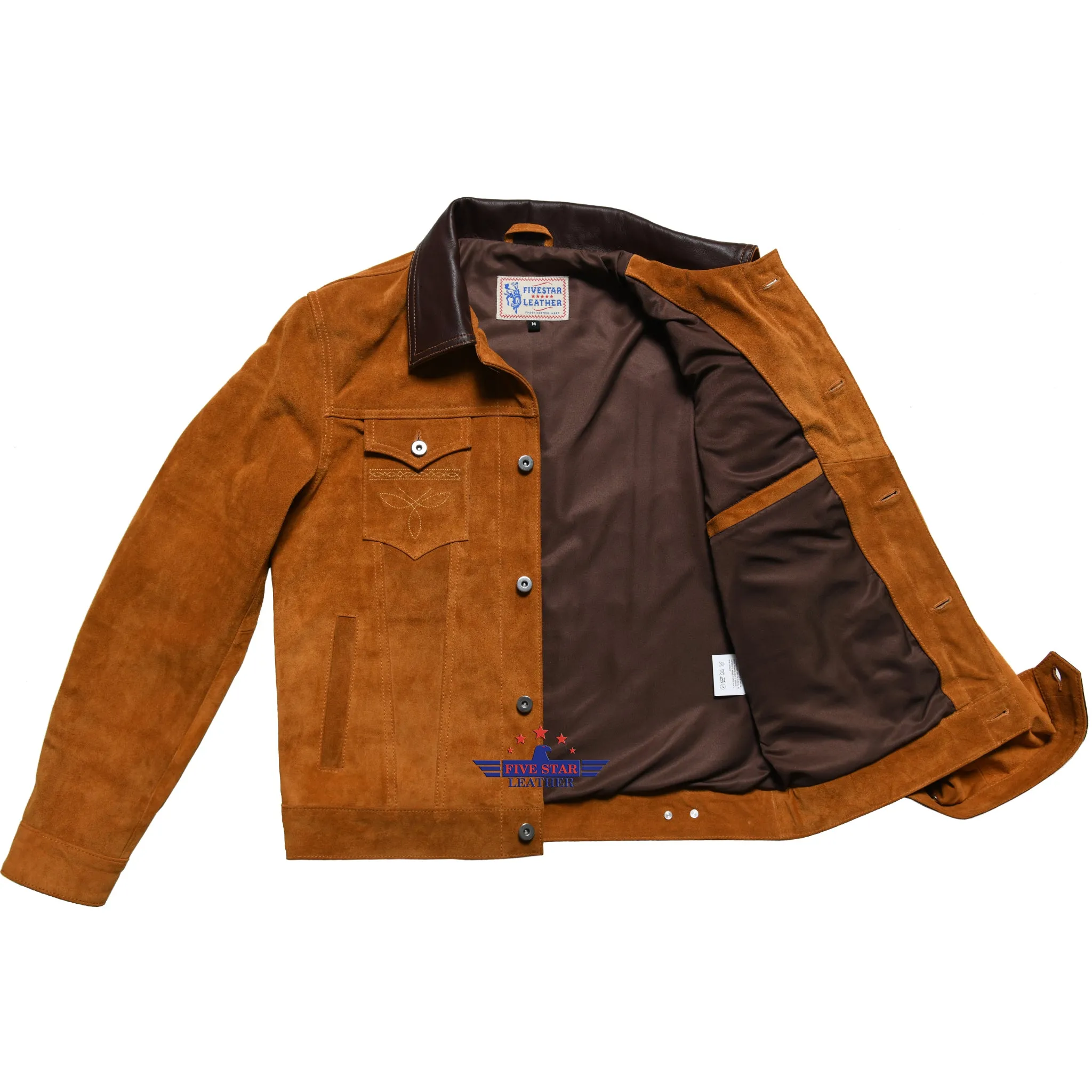 Men Trucker Tan Suede Classic Western Denim Pocket Embroider Style Leather Jacket Brown Collar