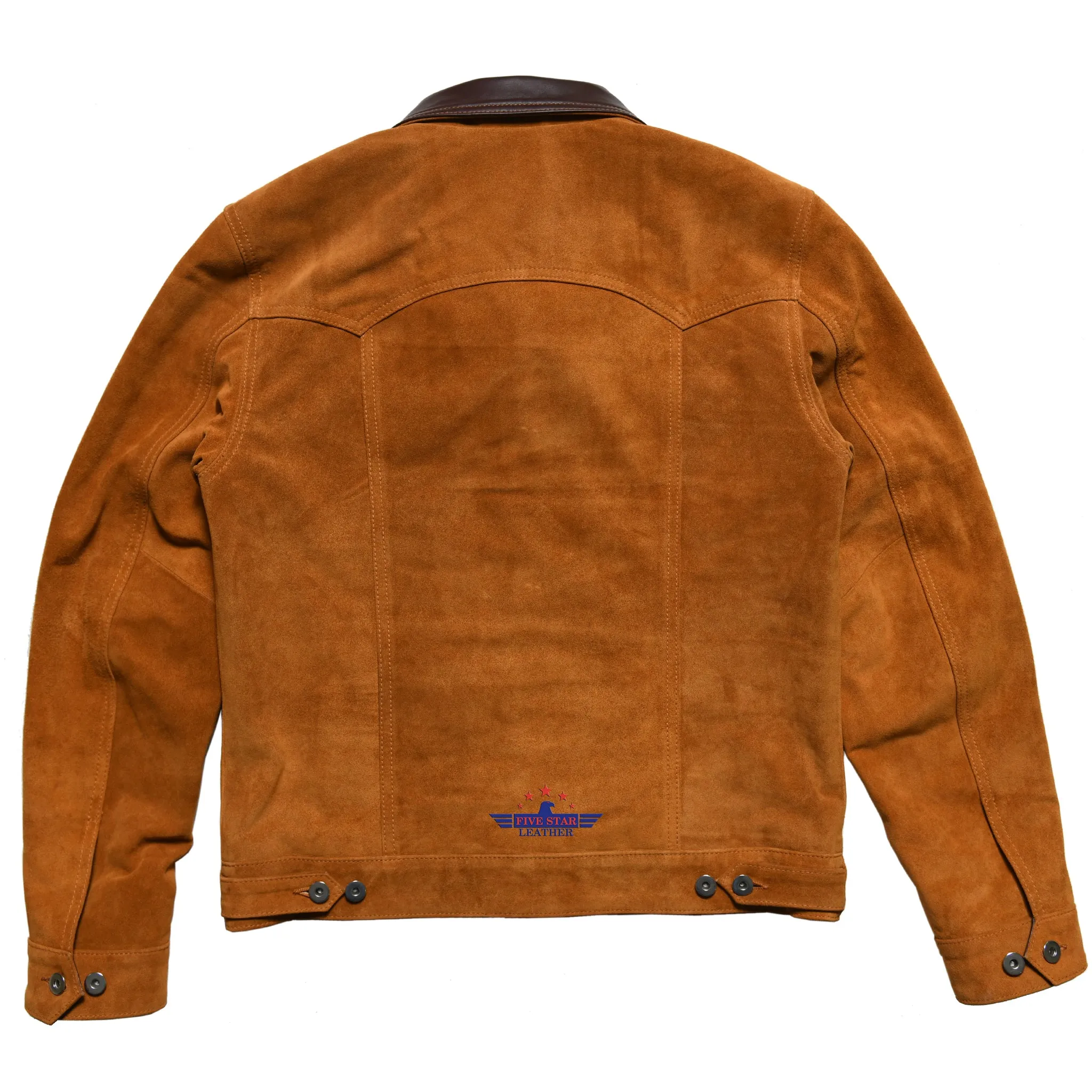 Men Trucker Tan Suede Classic Western Denim Pocket Embroider Style Leather Jacket Brown Collar