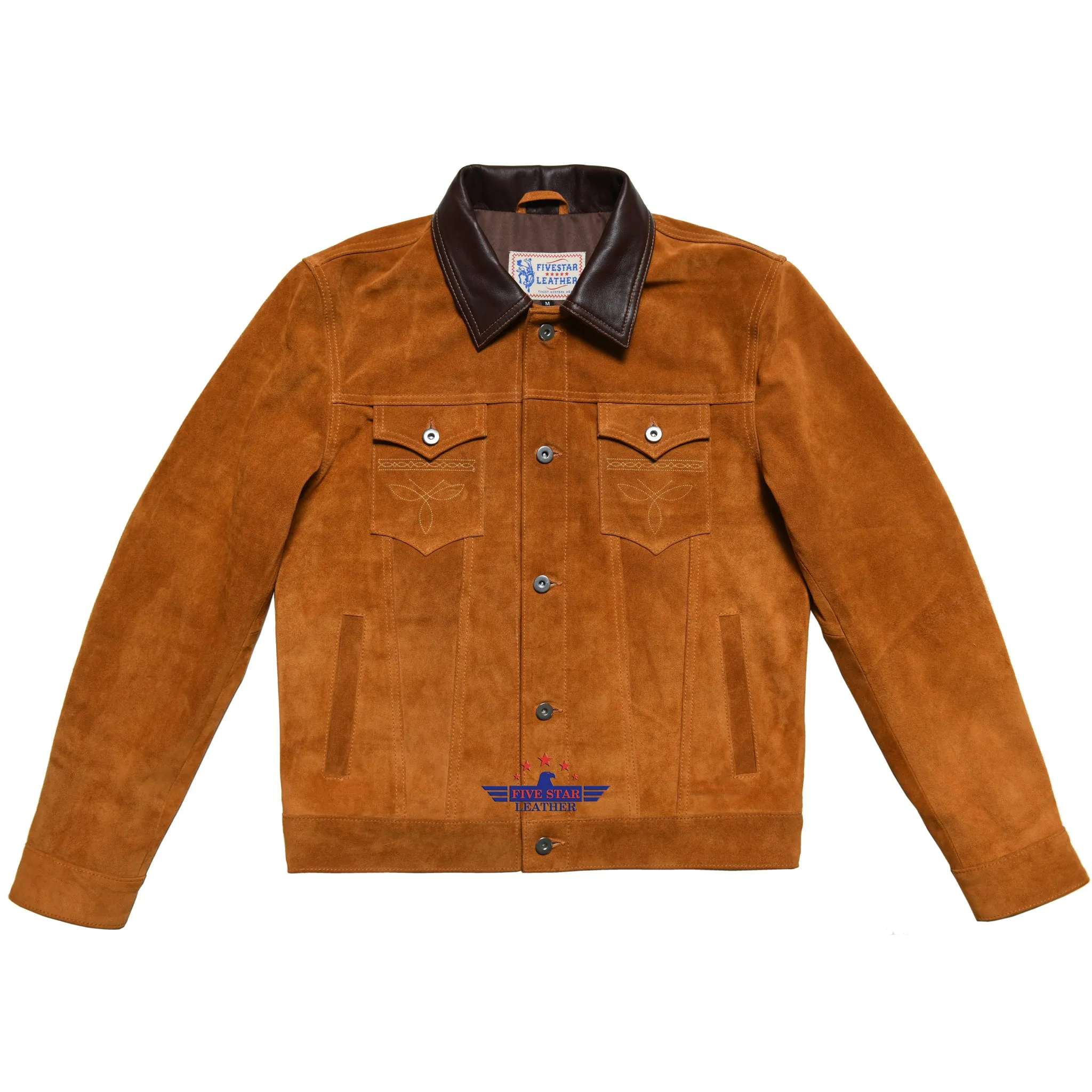 Men Trucker Tan Suede Classic Western Denim Pocket Embroider Style Leather Jacket Brown Collar