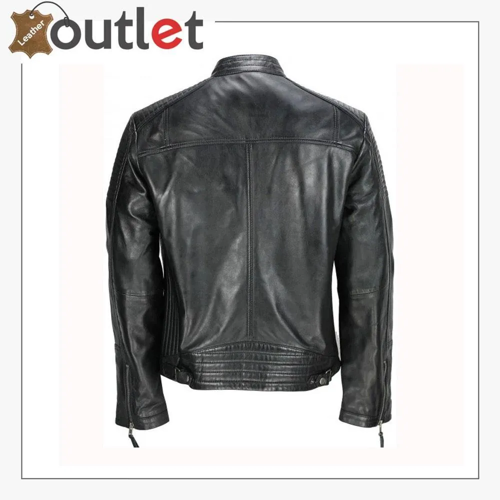 Men's Black Vintage Biker Style Waxed Sheep Skin Fashion Jacket