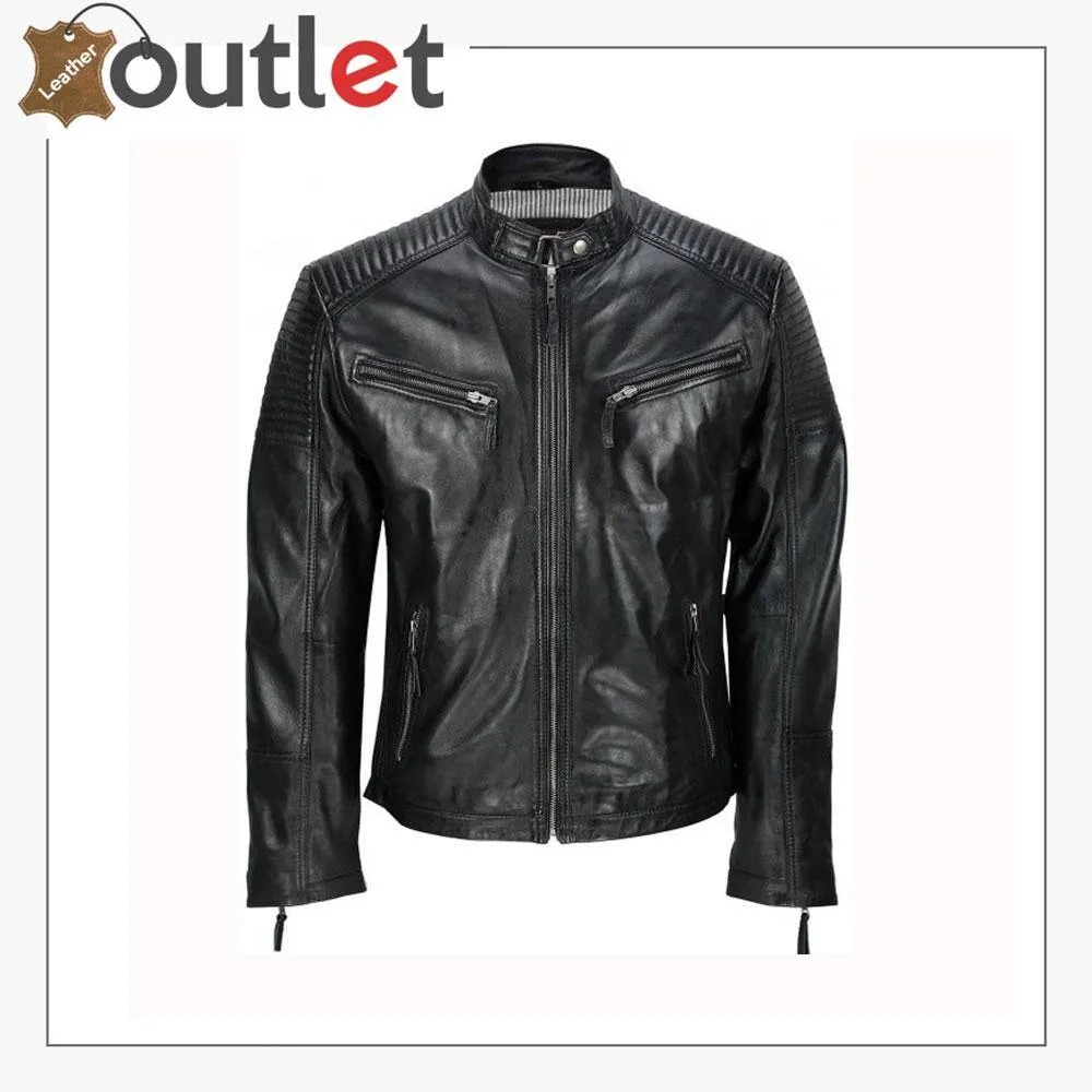 Men's Black Vintage Biker Style Waxed Sheep Skin Fashion Jacket