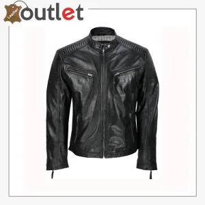 Men's Black Vintage Biker Style Waxed Sheep Skin Fashion Jacket