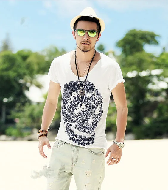 Mens Deep V Neck T Shirt Summer green cotton Mens skull print thin slim V neck T-shirt Plus Size M-XXL #T99