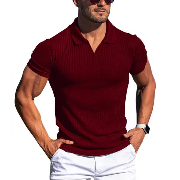 MEN'S SOLID STRIPED LAPEL SHORT SLEEVE POLO SHIRT