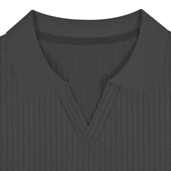 MEN'S SOLID STRIPED LAPEL SHORT SLEEVE POLO SHIRT