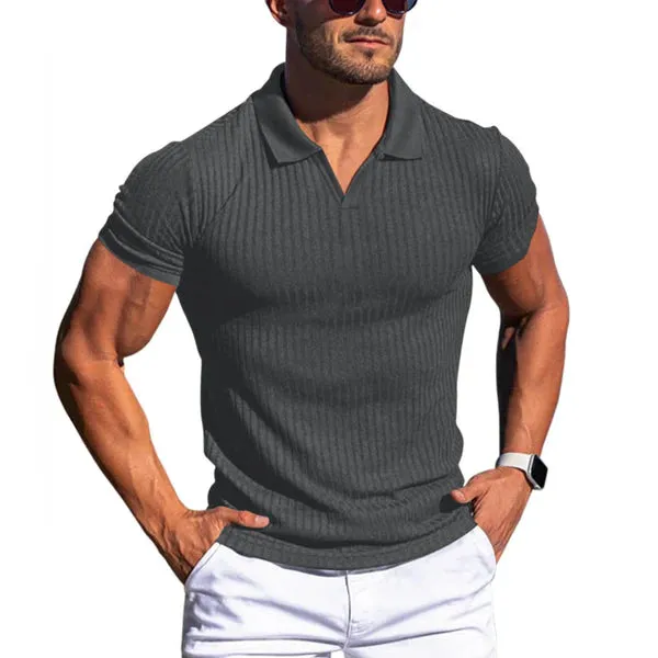 MEN'S SOLID STRIPED LAPEL SHORT SLEEVE POLO SHIRT
