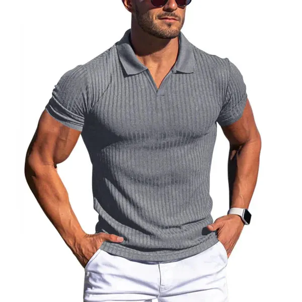 MEN'S SOLID STRIPED LAPEL SHORT SLEEVE POLO SHIRT