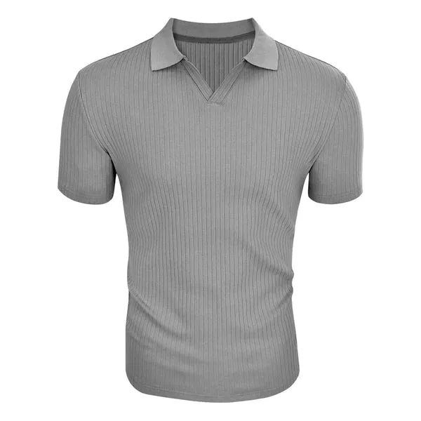 MEN'S SOLID STRIPED LAPEL SHORT SLEEVE POLO SHIRT