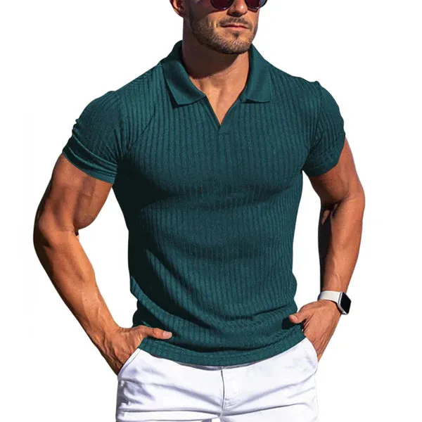 MEN'S SOLID STRIPED LAPEL SHORT SLEEVE POLO SHIRT