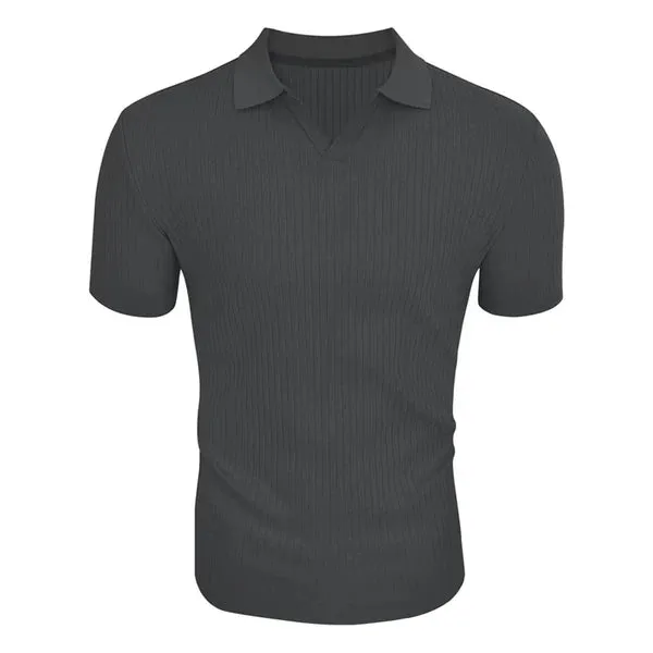 MEN'S SOLID STRIPED LAPEL SHORT SLEEVE POLO SHIRT