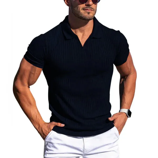 MEN'S SOLID STRIPED LAPEL SHORT SLEEVE POLO SHIRT