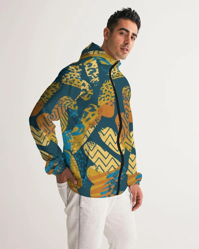 Men's Windbreaker, Blue Geometric Style Men's Hooded Jacket