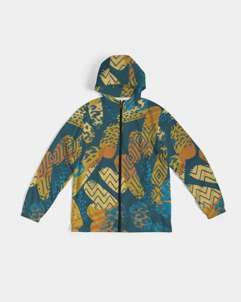 Men's Windbreaker, Blue Geometric Style Men's Hooded Jacket